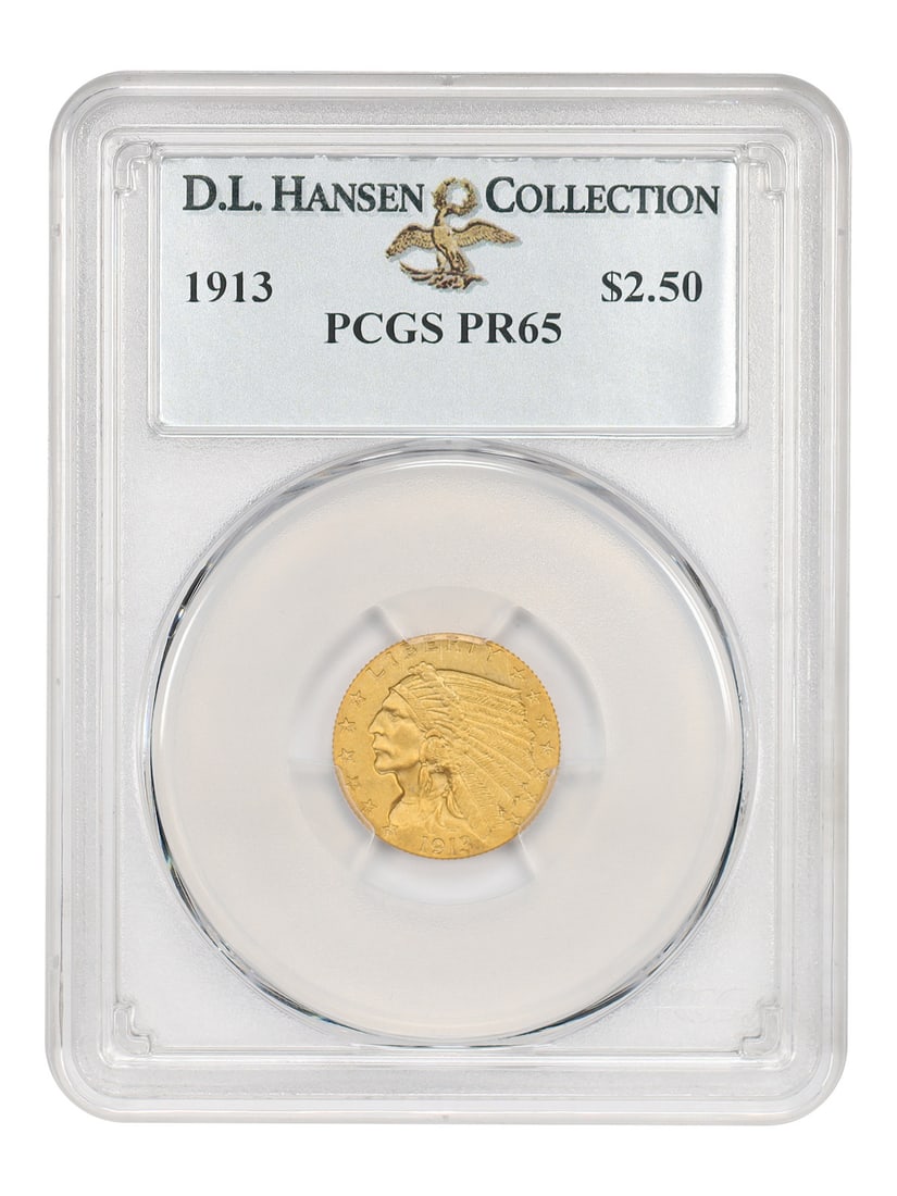 1913 Indian Head Quarter Eagle $2.50 PCGS PR65 Matte Proof: 1913 Indian Head Quarter Eagle $2.50 PCGS PR65 Matte Proof This 1913 $2.50 Indian Head quarter eagle is certified by PCGS as PR65 and is identified as ex: D.L. Hansen. Struck at Philadelphia, it is an