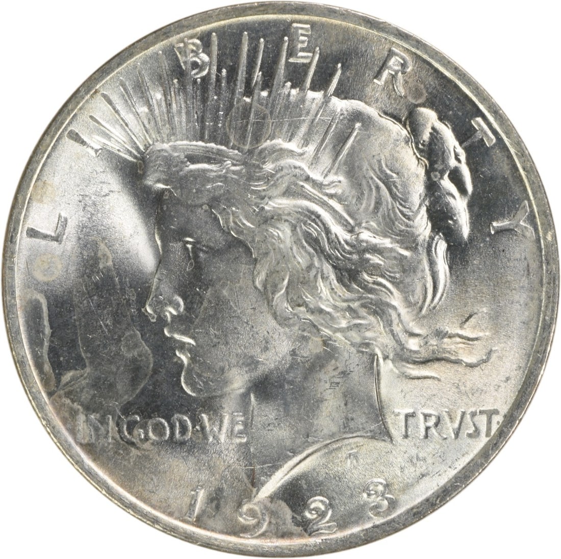 1923 $1 Peace Dollar Silver Uncirculated MS63: 1923 $1 Peace Dollar Silver Uncirculated MS63 1923 Peace Silver Dollar in uncirculated, pre-owned condition. This uncertified coin is identified as a Choice BU example and features the Peace dollar de