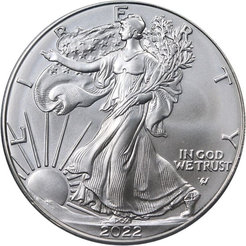 PCGS MS70 First Strike 2022 W American Silver Eagle Dollar: PCGS MS70 First Strike 2022 W American Silver Eagle Dollar Original 2022 (W) Silver American Eagle $1 certified by PCGS and graded MS70. This uncirculated coin features a strong strike, fantastic lust