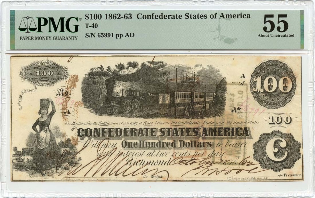 PMG AU55 1862 Confederate States of America 100 Dollar Note T-40: PMG AU55 1862 Confederate States of America 100 Dollar Note T-40 1862 Confederate States of America T-40 $100 note certified by PMG and graded AU55. This pre-owned, circulated note is an original coll