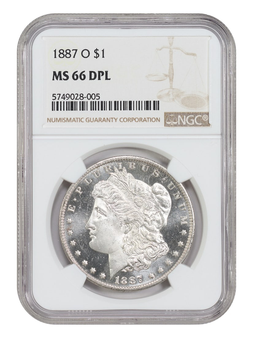 NGC MS66DMPL 1887-O Morgan Dollar $1: NGC MS66DMPL 1887-O Morgan Dollar $1 1887-O Morgan Dollar certified by NGC as MS66DMPL. This uncirculated example is described as one of the most flawless DMPL pieces handled, with watery, liquid mirr