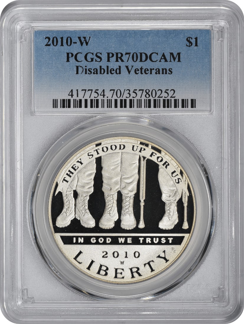 PCGS PR70DCAM 2010-W Disabled Veterans Proof Silver Dollar: PCGS PR70DCAM 2010-W Disabled Veterans Proof Silver Dollar 2010-W Disabled Veterans Silver Commemorative Dollar graded PR70DCAM by PCGS. This uncirculated proof coin is composed of 90% silver and 10% 