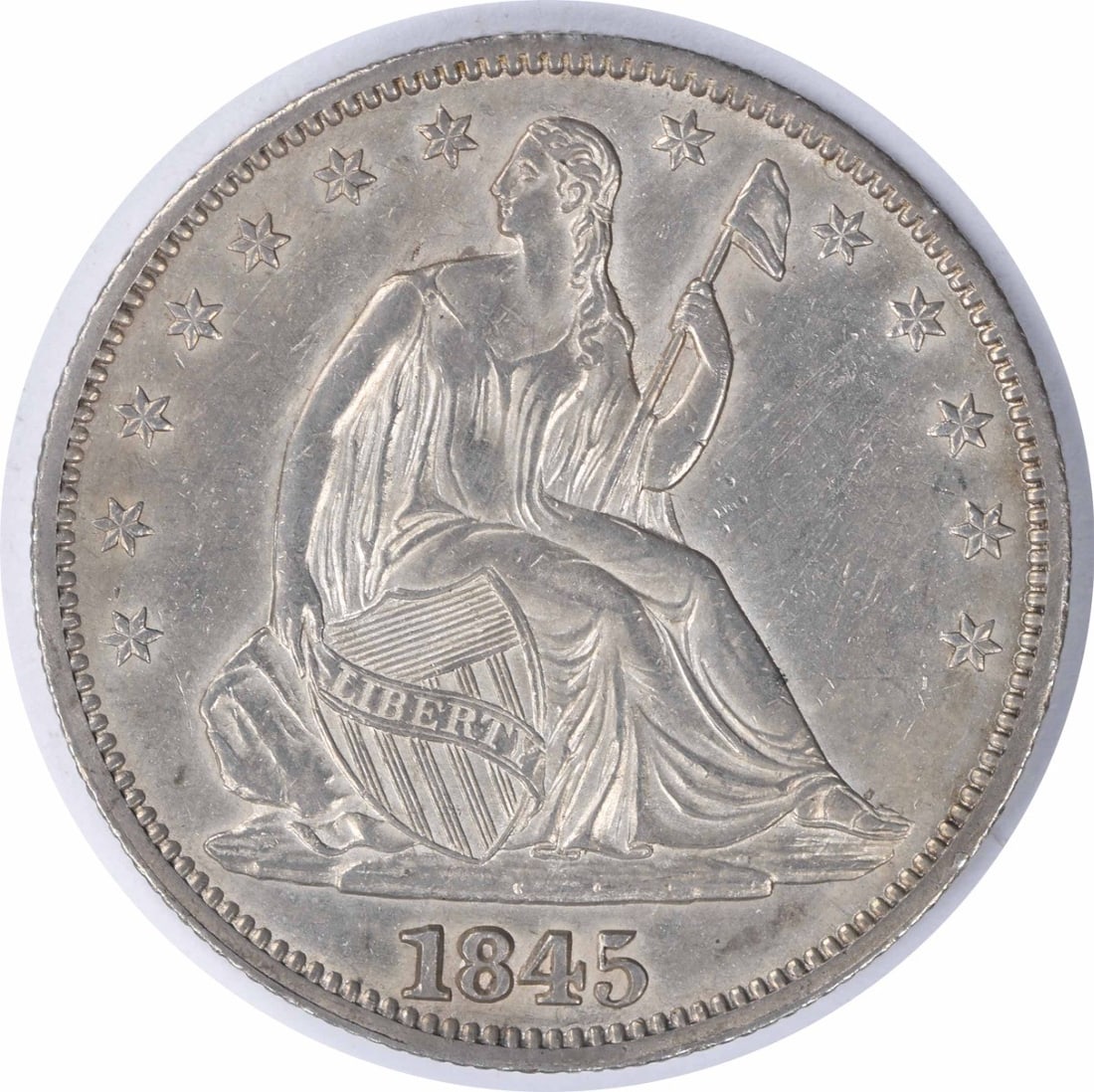 1845 Liberty Seated Half Dollar 90% Silver AU Uncertified: 1845 Liberty Seated Half Dollar 90% Silver AU Uncertified This 1845 Liberty Seated Half Dollar is an exquisite example of American coinage, featuring a design by Thomas Sully and Christian Gobrecht. T