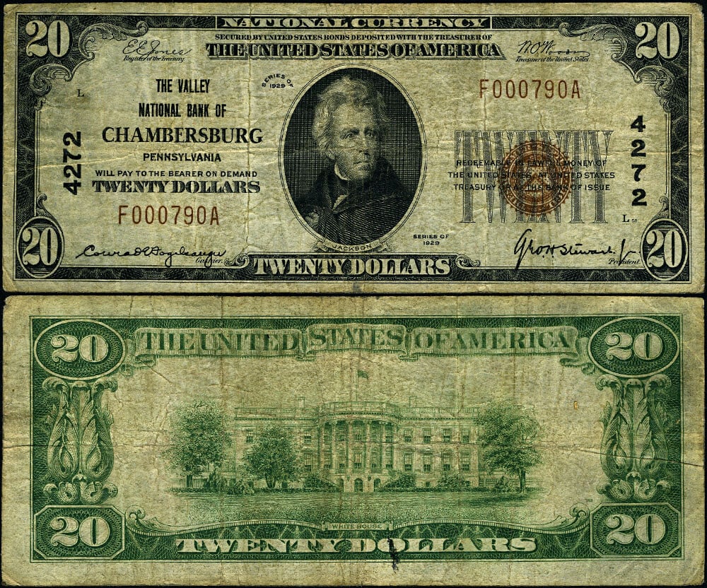 1929 T-1 $20 National Bank Note Valley NB Chambersburg PA: 1929 T-1 $20 National Bank Note Valley NB Chambersburg PA This $20 1929 T-1 National Bank Note from Chambersburg, Pennsylvania, is in Fine+ condition, showcasing even and consistent circulation. An ex