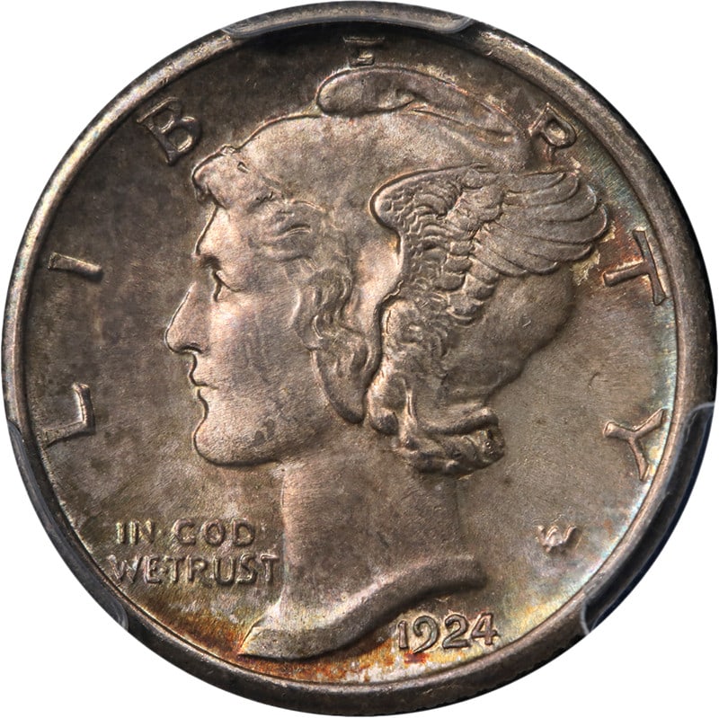 PCGS MS65 1924 S Mercury Dime Silver Uncirculated: PCGS MS65 1924 S Mercury Dime Silver Uncirculated A 1924-S Mercury Dime graded PCGS MS65. This uncirculated silver coin is described as having superb eye appeal, fantastic luster, a strong strike, sup