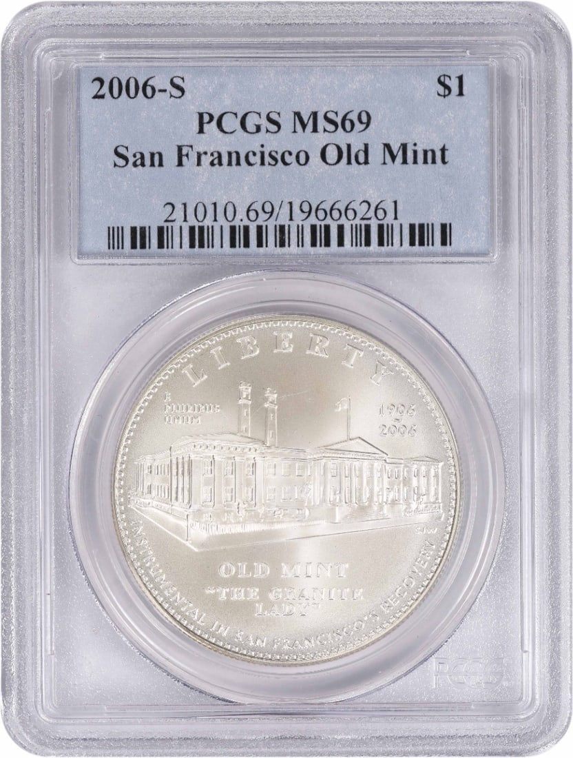 PCGS MS69 2006-S San Francisco Old Mint Commemorative Silver Dollar: PCGS MS69 2006-S San Francisco Old Mint Commemorative Silver Dollar Uncirculated 2006-S San Francisco Old Mint silver commemorative dollar graded MS69 by PCGS. The coin is a pre-owned United States is