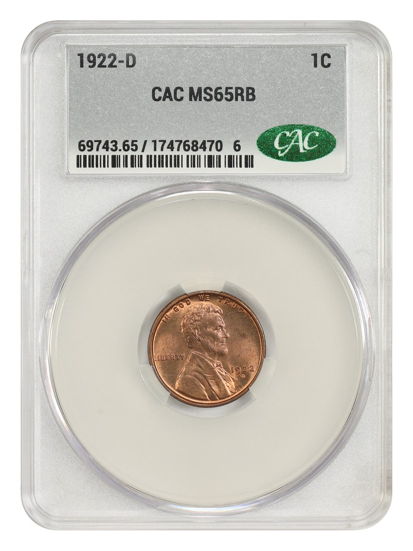 CACG MS65RB 1922-D Lincoln Wheat Cent Better Date 1C: CACG MS65RB 1922-D Lincoln Wheat Cent Better Date 1C 1922-D Lincoln Cent (Wheat Reverse) in RB color, struck at the Denver Mint and certified by CACG. This uncirculated better-date issue is noted for 