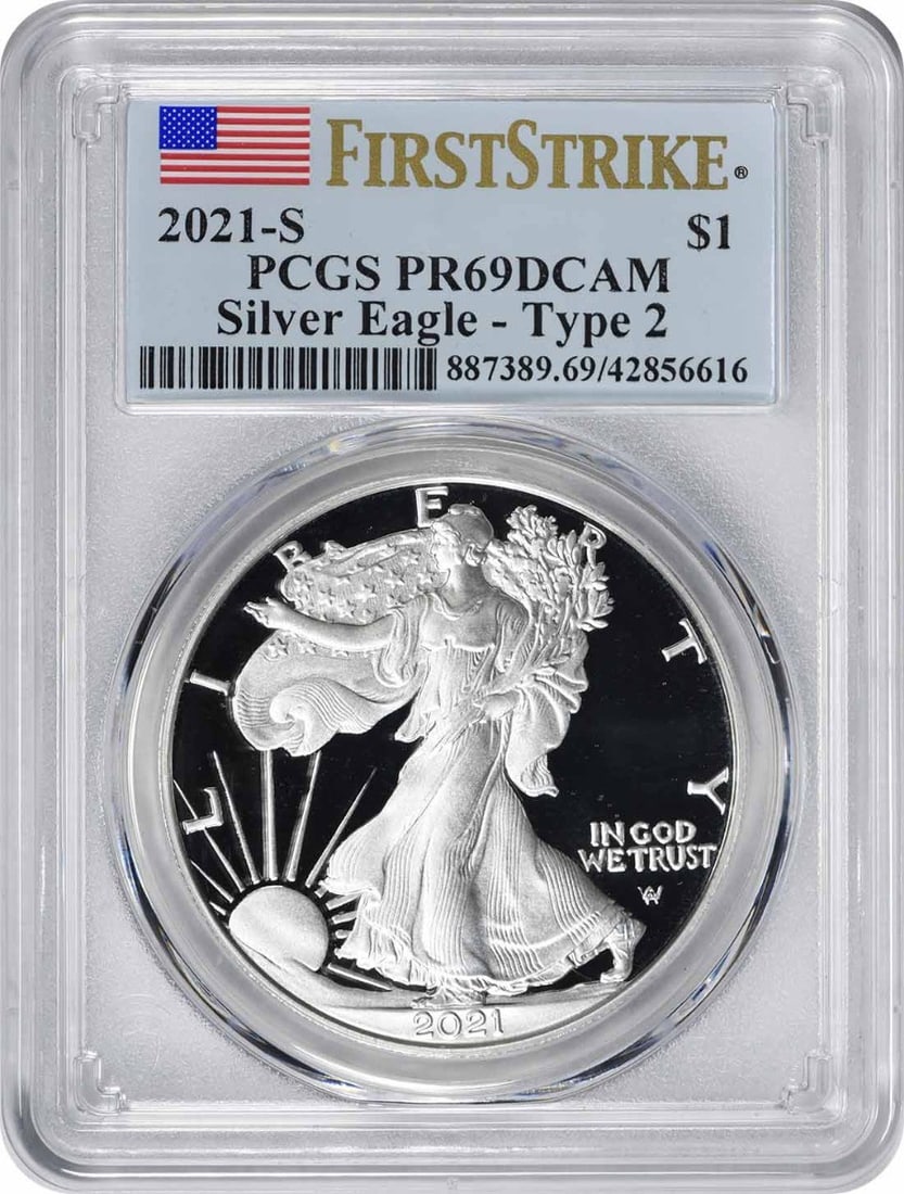 2021-S American Silver Eagle Type 2 PR69DCAM First Strike PCGS: 2021-S American Silver Eagle Type 2 PR69DCAM First Strike PCGS This 2021-S American Silver Eagle Type 2 coin is a stunning proof issue, graded PR69DCAM by PCGS and classified as a First Strike. Struck