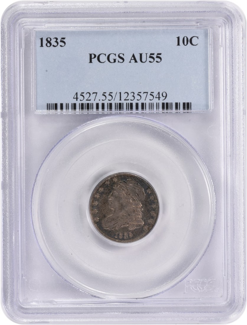 1835 Capped Bust Silver Dime AU55 Certified PCGS: 1835 Capped Bust Silver Dime AU55 Certified PCGS This 1835 Capped Bust Silver Dime, graded AU55 by PCGS, is a remarkable piece for collectors and enthusiasts alike. Minted in Philadelphia, this coin s