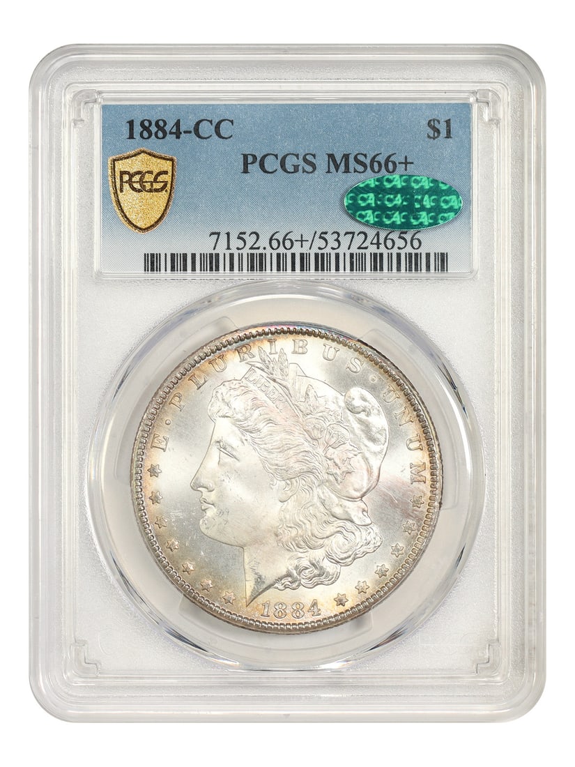 1884 Carson City Morgan Dollar $1 PCGS CAC MS66+: 1884 Carson City Morgan Dollar $1 PCGS CAC MS66+ 1884-CC Morgan Dollar certified by PCGS and graded MS66+ with CAC approval. This uncirculated Carson City issue is noted as one of the more common CC-m