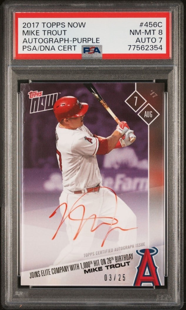PSA 8 Mike Trout 2017 Topps Now Purple Auto 7 Angels #456C: PSA 8 Mike Trout 2017 Topps Now Purple Auto 7 Angels #456C This is a 2017 Topps Now Purple baseball card featuring Mike Trout of the Los Angeles Angels. The card is numbered #456C and has a serial num