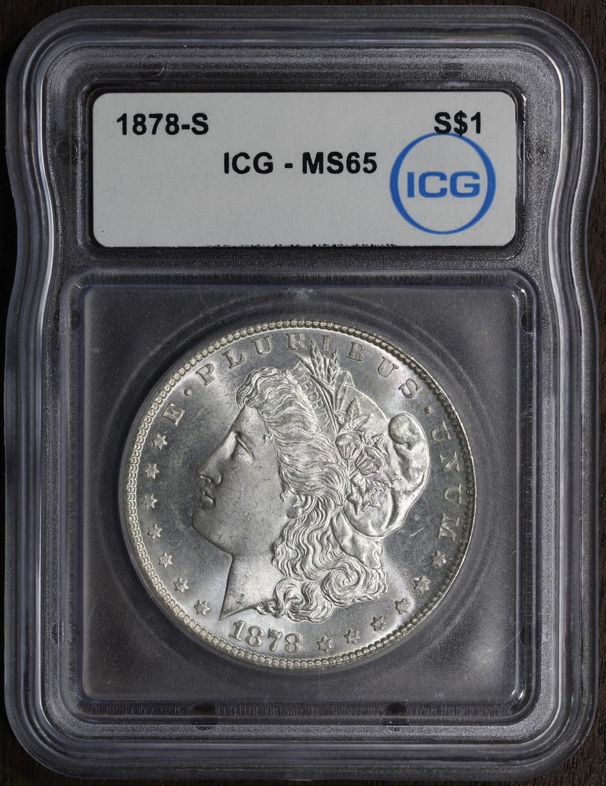 ICG MS65 1878-S Morgan Dollar Uncirculated Silver First Year Issue: ICG MS65 1878-S Morgan Dollar Uncirculated Silver First Year Issue This 1878-S Morgan Silver Dollar is an uncirculated coin, certified by ICG with an MS65 grade. Struck at the San Francisco Mint, this
