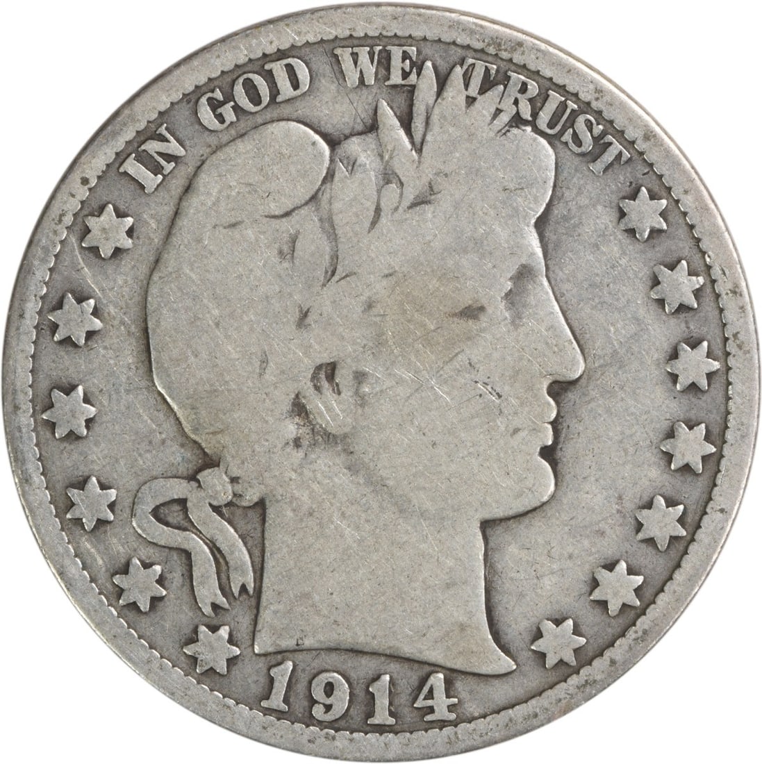 1914 United States 50C Barber Half Dollar Silver VG Uncertified: 1914 United States 50C Barber Half Dollar Silver VG Uncertified 1914 Barber silver half dollar in VG grade. This circulated, uncertified coin is a pre-owned example of a United States 50C Barber half 