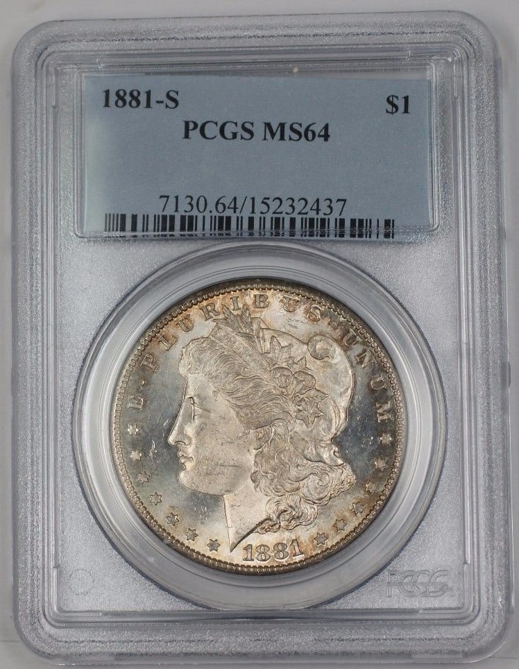 PCGS MS64 1881-S Morgan Dollar San Francisco Mint Silver Light Toning: PCGS MS64 1881-S Morgan Dollar San Francisco Mint Silver Light Toning This 1881-S Morgan Silver Dollar is a United States $1 coin certified by PCGS with a grade of MS-64. Struck in San Francisco, the 