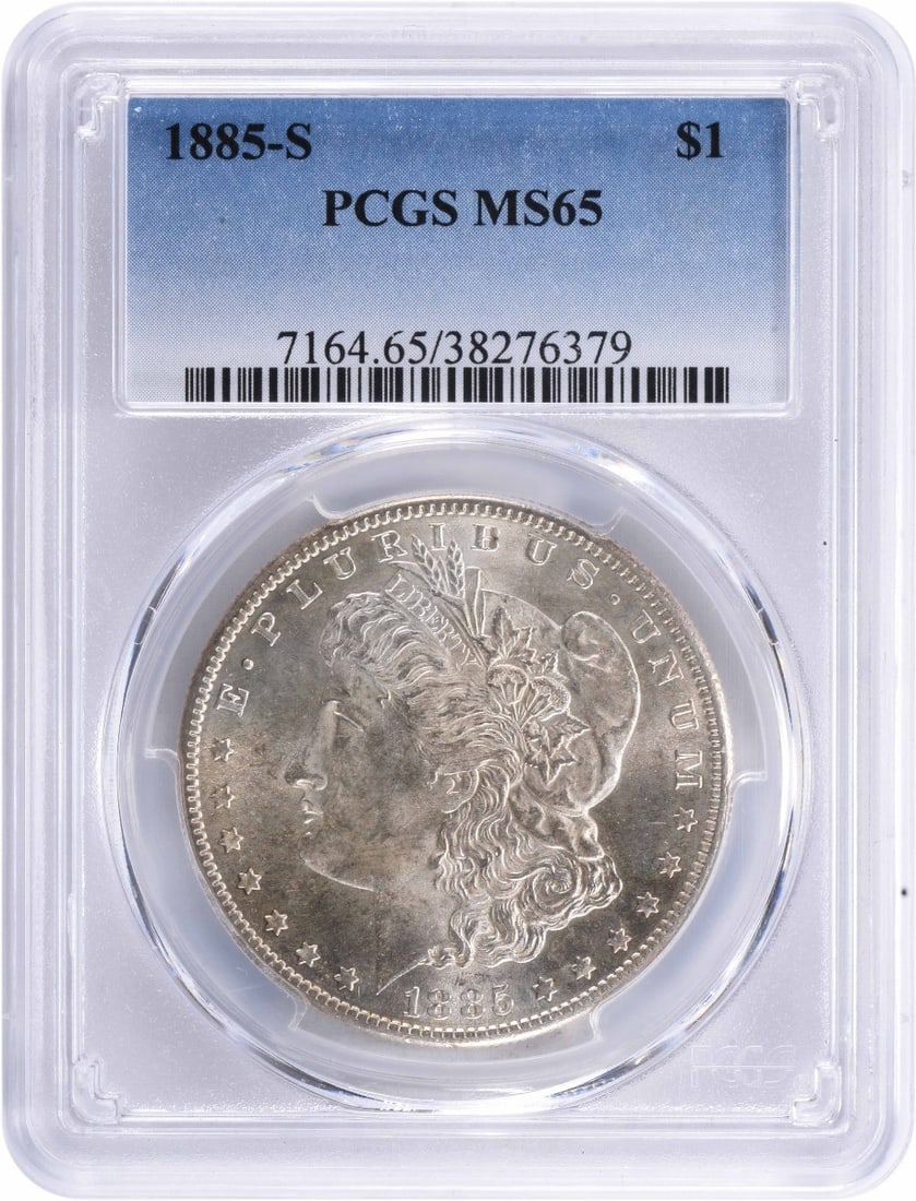 1885-S Morgan Silver Dollar MS65 PCGS Uncirculated Coin: 1885-S Morgan Silver Dollar MS65 PCGS Uncirculated Coin This 1885-S Morgan Silver Dollar is a remarkable piece of numismatic history, certified by PCGS with a grade of MS65, indicating its uncirculate