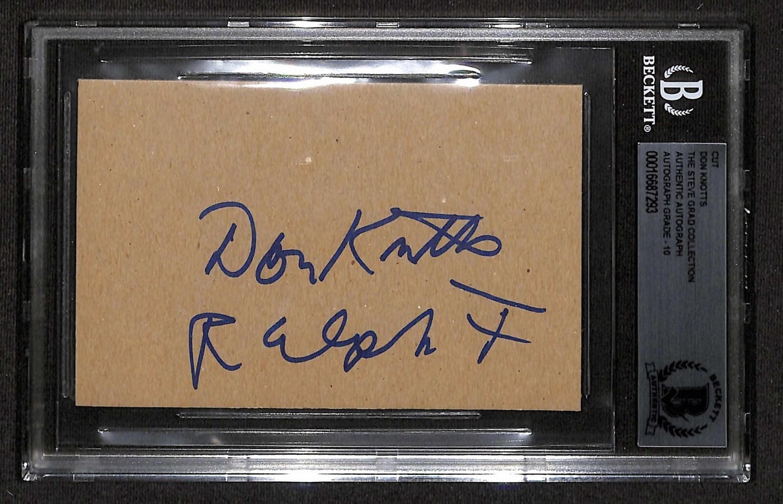 Don Knotts Signed Cut Auto Ralph Furley Beckett 10: Don Knotts Signed Cut Auto Ralph Furley Beckett 10 This is a signed cut autograph by Don Knotts, renowned for his role as Ralph Furley in the classic TV series Three's Company. The autograph is inscri