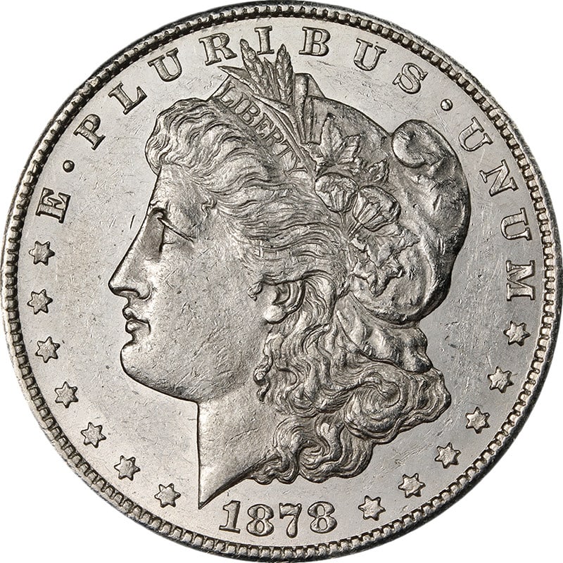 1878 CC Morgan Silver Dollar VAM 6 Doubled Leaves AU BU: 1878 CC Morgan Silver Dollar VAM 6 Doubled Leaves AU BU 1878-CC Morgan Silver Dollar VAM 6 Doubled Leaves with bright white color, nice eye appeal, luster, strike, and surfaces. This pre-owned coin is