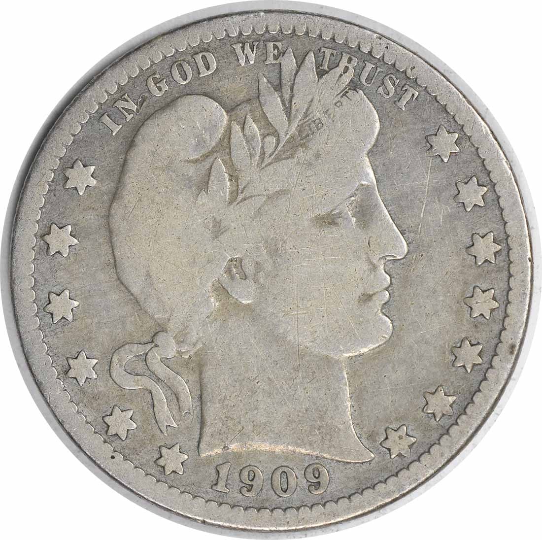 1909-O Barber Silver Quarter 90% Silver Uncertified Coin: 1909-O Barber Silver Quarter 90% Silver Uncertified Coin This 1909-O Barber Silver Quarter is a classic piece of numismatic history. Produced at the New Orleans mint, this coin features a composition 