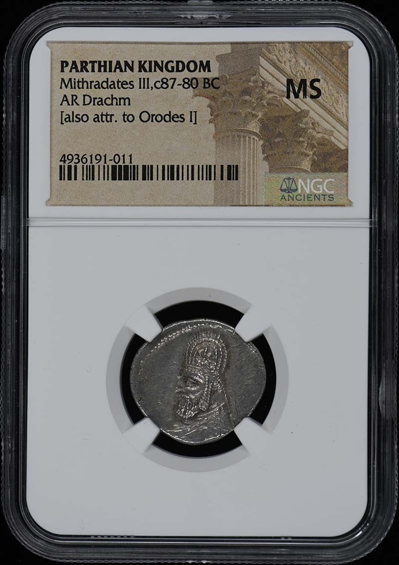 Parthian AR Drachm Mithradates III NGC MS Certified: Parthian AR Drachm Mithradates III NGC MS Certified This is a silver drachm coin from the Parthian Kingdom, attributed to Mithradates III and dating from approximately 87-80 BC. The coin has been cert
