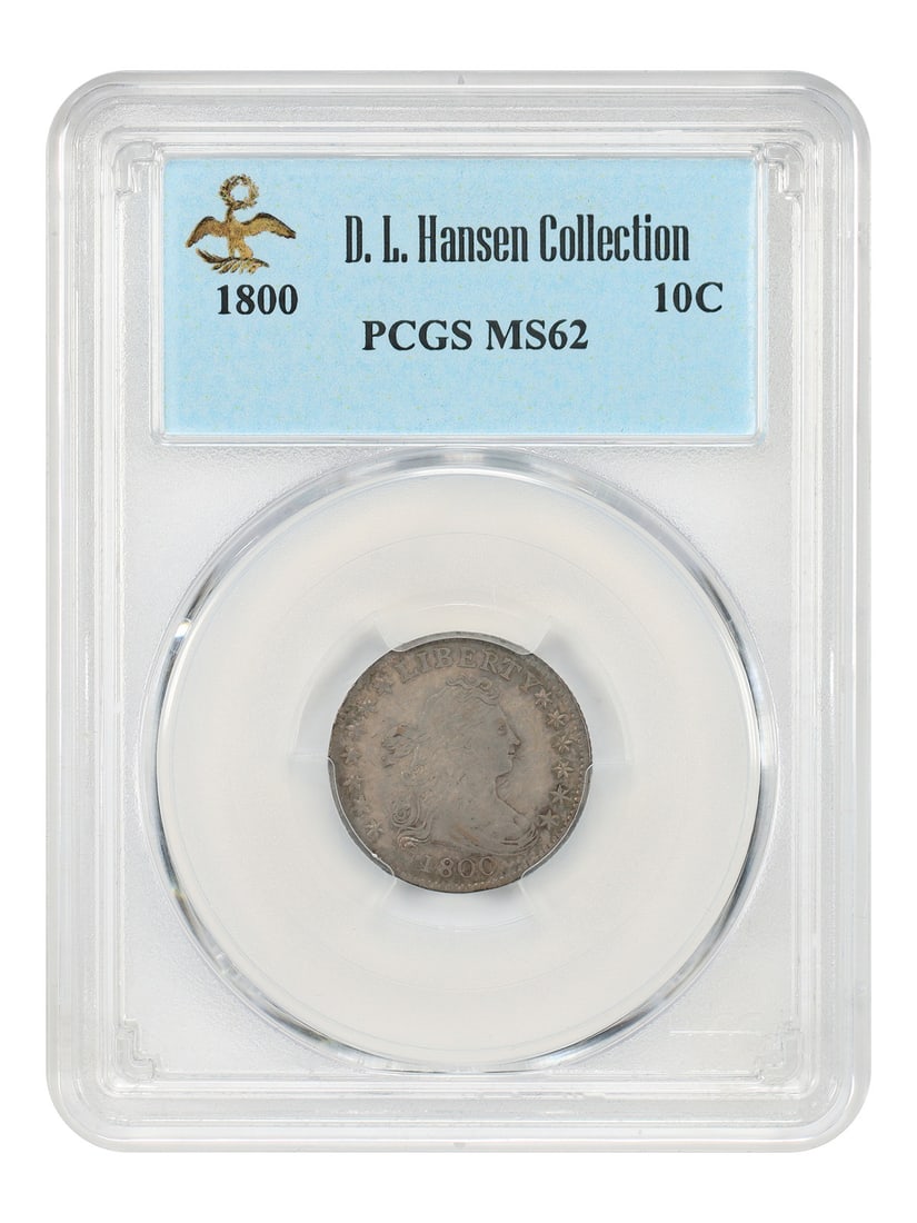 1800 Draped Bust Dime 10C PCGS MS62 ex D.L. Hansen: 1800 Draped Bust Dime 10C PCGS MS62 ex D.L. Hansen 1800 Draped Bust Dime graded PCGS MS62, ex: D.L. Hansen. A scarce issue with a low mintage of only 21,760 coins, and Mint State examples remain elusi