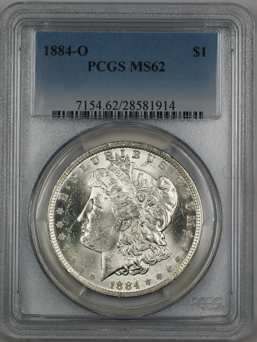 PCGS MS-62 1884-O Silver Morgan Dollar Minted in New Orleans: PCGS MS-62 1884-O Silver Morgan Dollar Minted in New Orleans This 1884-O Morgan Silver Dollar is certified by PCGS with a grade of MS-62. Struck at the New Orleans Mint, the coin is composed of silver