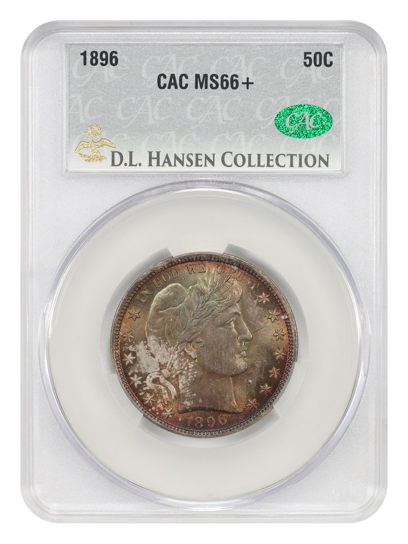 1896 Barber Half Dollar 50C CACG MS66+ ex D.L. Hansen: 1896 Barber Half Dollar 50C CACG MS66+ ex D.L. Hansen 1896 Barber Half Dollar certified CACG MS66+ and from the D.L. Hansen collection. From a skittish mintage of only 950,000 coins, this premium gem 