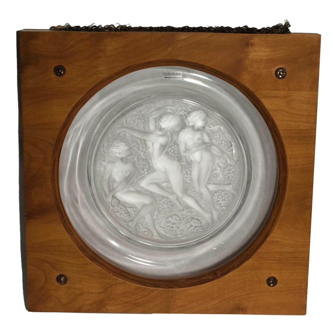 Lalique Cote D'Or signed frosted clear glass nude plate: Lalique Cote D'Or signed frosted clear glass nude plate This Lalique Cote D'Or platter features clear and frosted glass with raised images of three nymphs among grapevines, showcasing the brand's sign