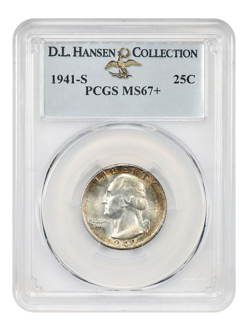 PCGS MS67+ 1941-S Washington Quarter 25C ex D.L. Hansen: PCGS MS67+ 1941-S Washington Quarter 25C ex D.L. Hansen 1941-S Washington Quarter certified by PCGS as MS67+ and presented as an uncirculated, pre-owned coin. Dynamic mint luster cartwheels from all a