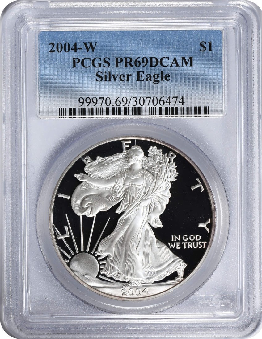 2004-W American Silver Eagle PR69DCAM 1oz Proof Coin PCGS: 2004-W American Silver Eagle PR69DCAM 1oz Proof Coin PCGS This stunning 2004-W American Silver Eagle Dollar is graded PR69DCAM by PCGS, showcasing its exceptional quality. Struck from 1 oz of .999 fin