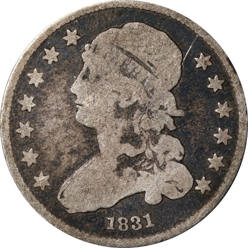 1831 United States Silver Bust Quarter: 1831 United States Silver Bust Quarter This 1831 Bust Quarter is a circulated coin from the United States, composed of 90% silver. It is an uncertified, pre-owned piece and represents a classic exampl