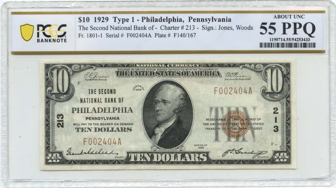 PCGS AU55 PPQ 1929 10 Dollar National Bank Note Philadelphia CH 213 (1 of 2)