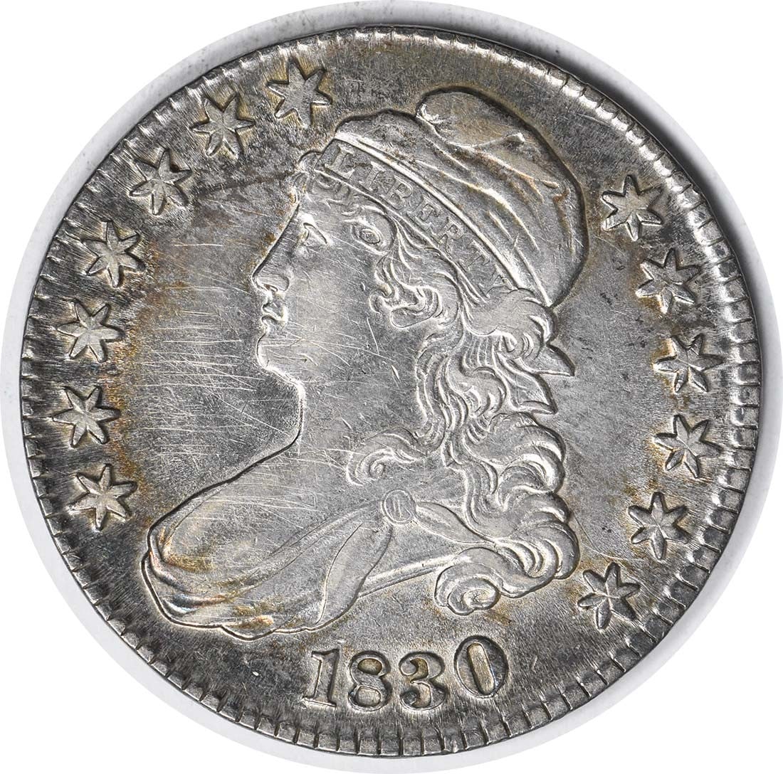 1830 Bust Silver Half Dollar 50C John Reich Design Uncertified: 1830 Bust Silver Half Dollar 50C John Reich Design Uncertified This 1830 Bust Silver Half Dollar is a classic piece of American numismatics, featuring a design by John Reich. Struck in Philadelphia, t