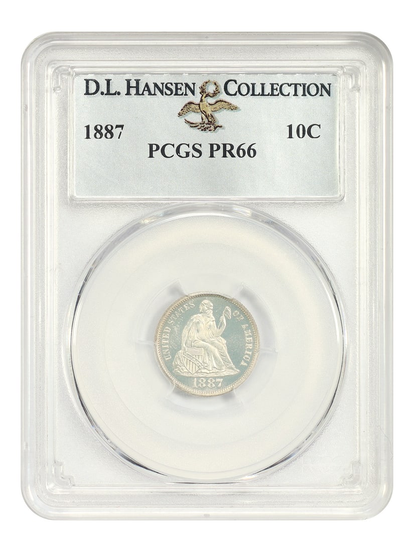 PCGS PR66 1887 Liberty Seated Dime 10C ex D.L. Hansen: PCGS PR66 1887 Liberty Seated Dime 10C ex D.L. Hansen 1887 Liberty Seated Dime certified PR66 by PCGS, ex: D.L. Hansen. This uncirculated proof issue is described as a superb survivor from a mintage o