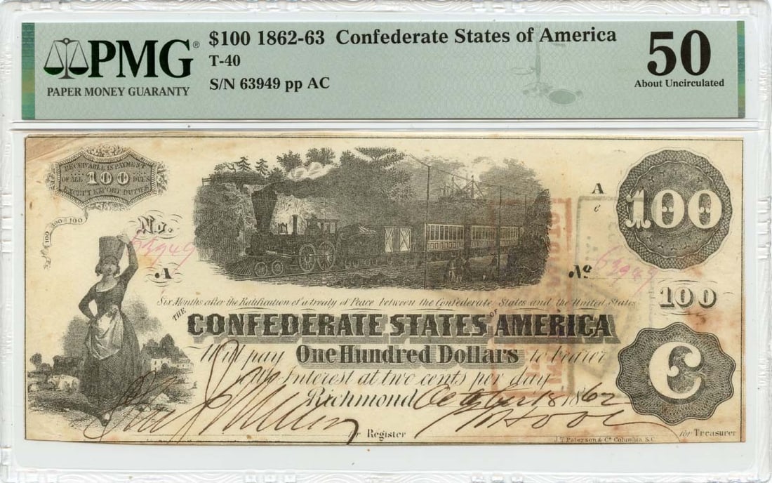 PMG AU50 1862 Confederate States of America T-40 $100 Note: PMG AU50 1862 Confederate States of America T-40 $100 Note 1862 Confederate States of America T-40 $100 note, graded PMG AU50. This pre-owned note is a circulated example and includes its PMG certific