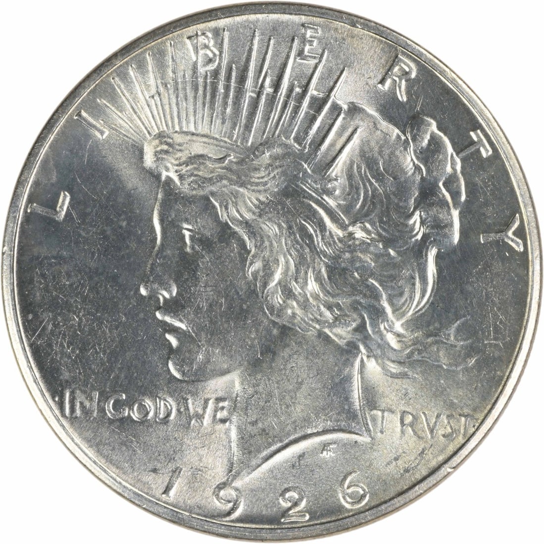 Uncertified 1926 S Peace Dollar Silver $1 Uncirculated: Uncertified 1926 S Peace Dollar Silver $1 Uncirculated 1926-S Peace silver dollar offered in uncirculated, pre-owned condition. This uncertified coin is identified as a Choice BU example, with the lis