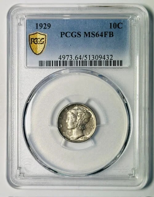 PCGS MS-64 FB 1929 Mercury Silver Dime Philadelphia Mint Rotated: PCGS MS-64 FB 1929 Mercury Silver Dime Philadelphia Mint Rotated Pre-owned 1929 Mercury dime certified by PCGS and graded MS-64 FB. This silver 10-cent coin was struck in Philadelphia and is identifie