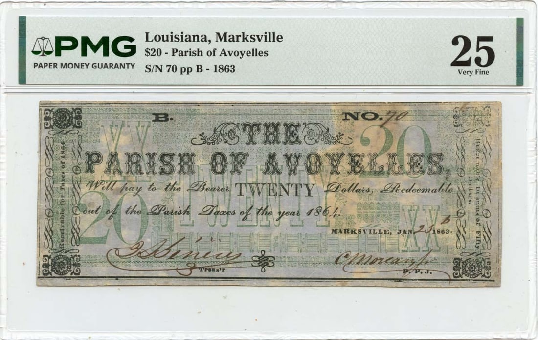 PMG VF25 1863 Marksville Louisiana Parish of Avoyelles $20 Obsolete Note: PMG VF25 1863 Marksville Louisiana Parish of Avoyelles $20 Obsolete Note 1863 Parish of Avoyelles obsolete note from Marksville, Louisiana. This pre-owned example is a circulated note graded VF25 by P