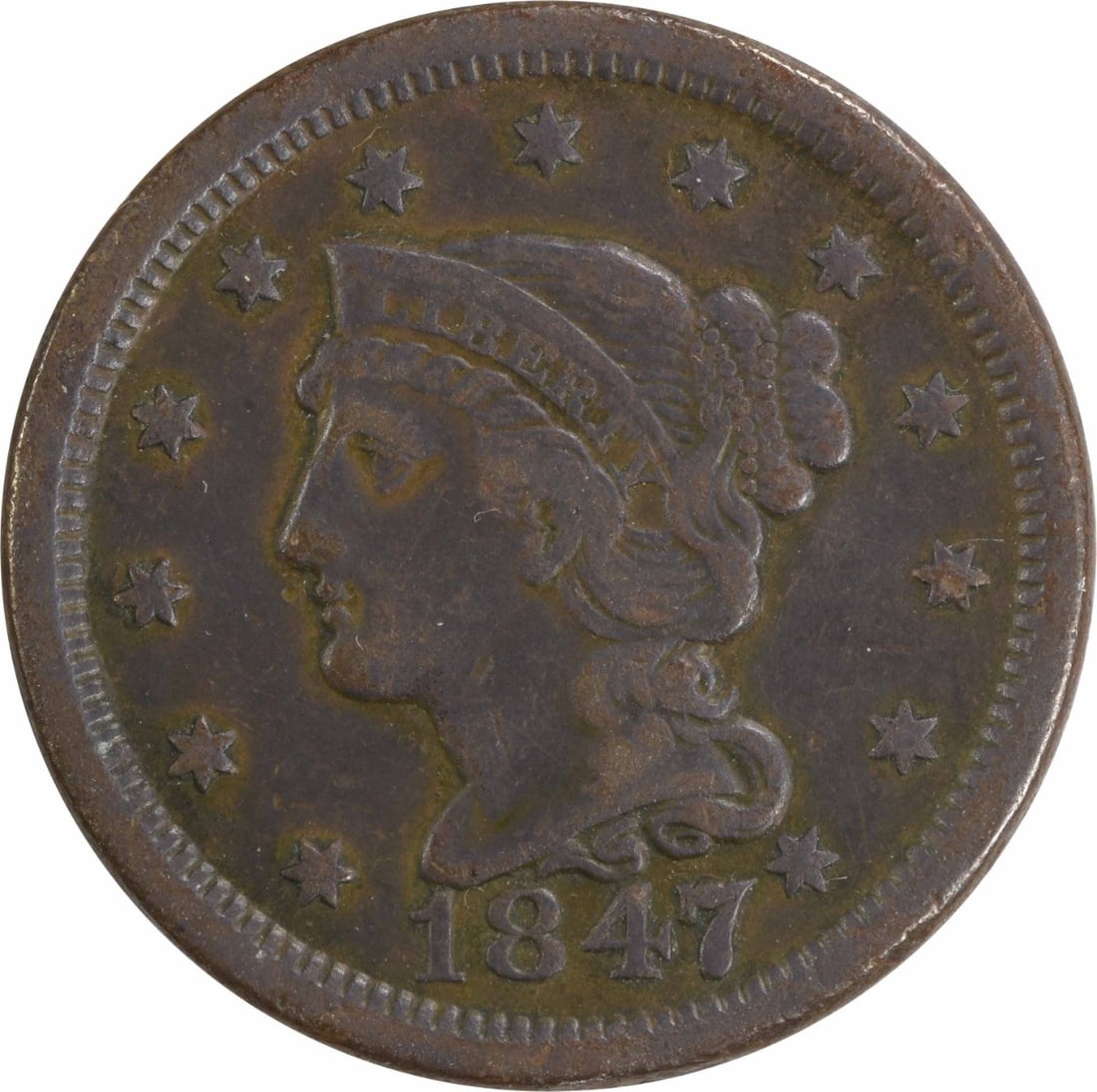 United States 1847 Braided Hair Large Cent VF Uncertified: United States 1847 Braided Hair Large Cent VF Uncertified 1847/7 Braided Hair Large Cent in VF grade. This circulated, uncertified coin is composed of copper and is a pre-owned example from the United