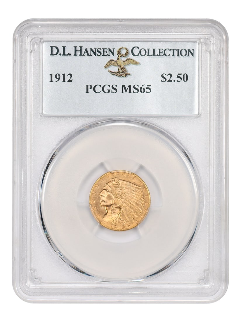 1912 Indian Quarter Eagle $2.50 PCGS MS65 ex D.L. Hansen: 1912 Indian Quarter Eagle $2.50 PCGS MS65 ex D.L. Hansen This 1912 $2.50 Indian Head gold coin is certified by PCGS MS65 and comes from Philadelphia. It is an uncirculated example with certification n