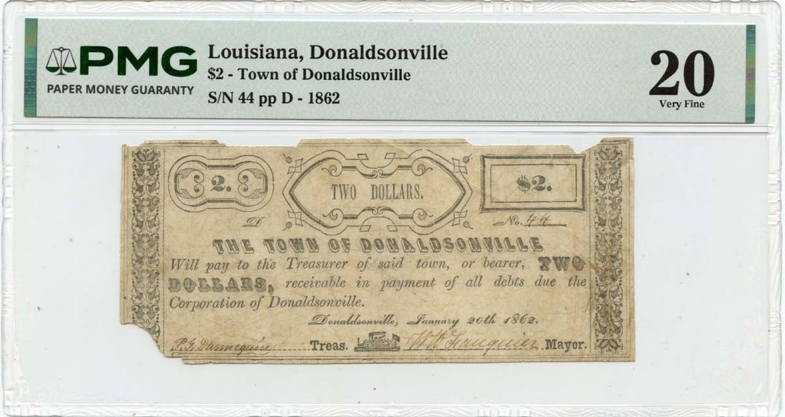 PMG VF20 1862 Town of Donaldsonville Louisiana $2 Obsolete Note: PMG VF20 1862 Town of Donaldsonville Louisiana $2 Obsolete Note 1862 Town of Donaldsonville, Louisiana obsolete note graded PMG VF20. This pre-owned, circulated example is a certified piece of United 