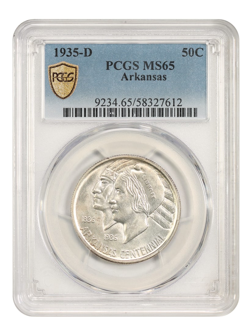 PCGS MS65 Arkansas 1935-D Silver Commemorative Half Dollar: PCGS MS65 Arkansas 1935-D Silver Commemorative Half Dollar 1935-D Arkansas half dollar certified by PCGS in MS65. This classic silver commemorative is an uncirculated Denver issue struck to mark the 1