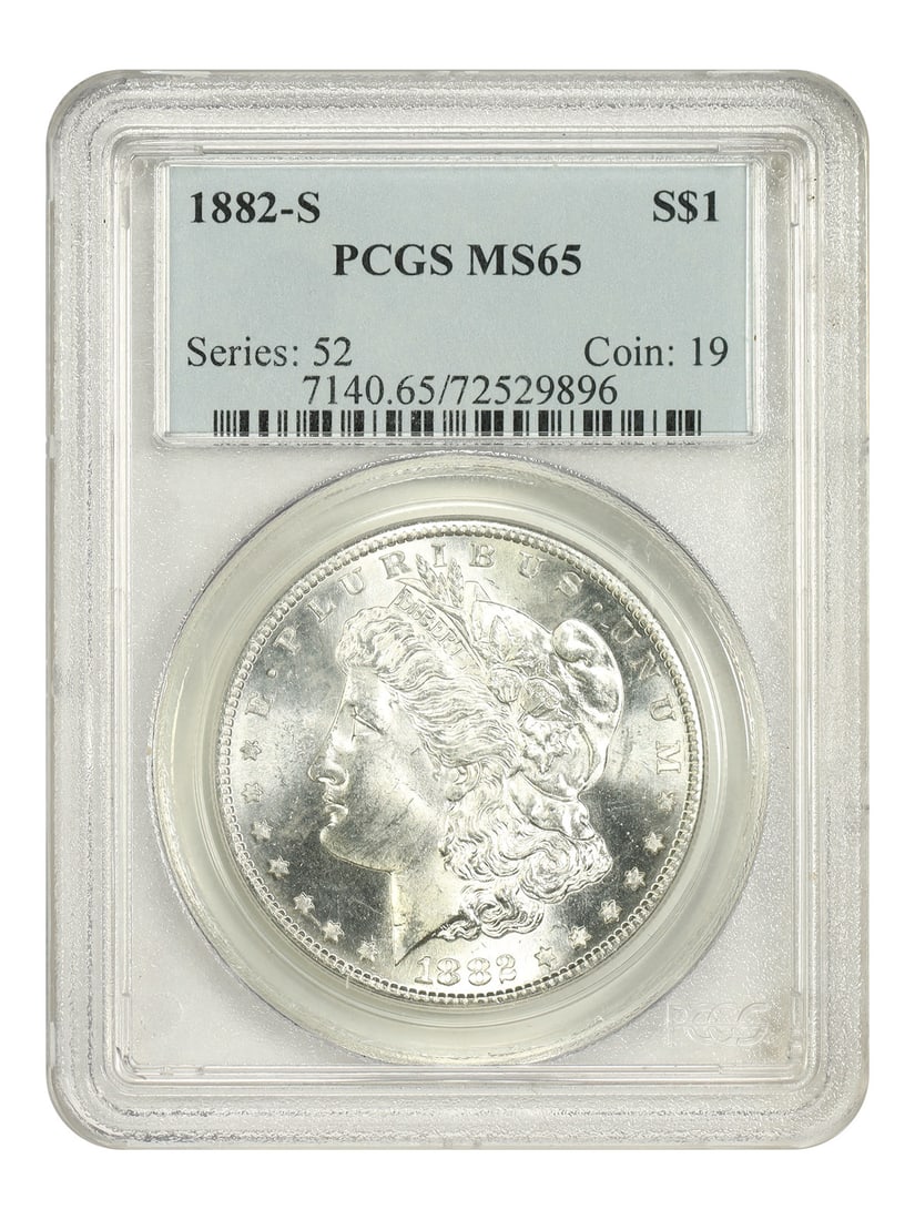 PCGS MS65 1882-S Morgan Silver Dollar $1 San Francisco Mint: PCGS MS65 1882-S Morgan Silver Dollar $1 San Francisco Mint 1882-S Morgan Dollar certified by PCGS in MS65 grade. This uncirculated example is a popular collector date and a well-known choice as a typ