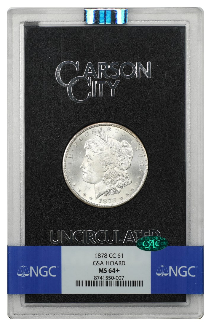 1878 Carson City Morgan Dollar GSA NGC CAC MS64+: 1878 Carson City Morgan Dollar GSA NGC CAC MS64+ 1878-CC Morgan Dollar from the GSA hoard, housed in the original hard case and graded NGC MS64+ with CAC endorsement. This uncirculated original exampl