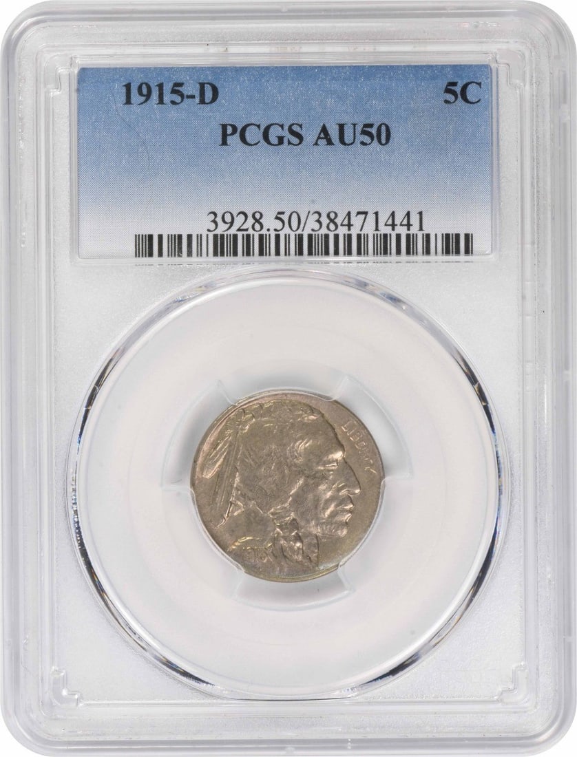 PCGS AU50 1915 D Buffalo 5C United States Nickel: PCGS AU50 1915 D Buffalo 5C United States Nickel This 1915-D Buffalo Nickel is graded AU50 by PCGS and is a pre-owned circulated coin from the United States. It is a 5C denomination coin with nickel c