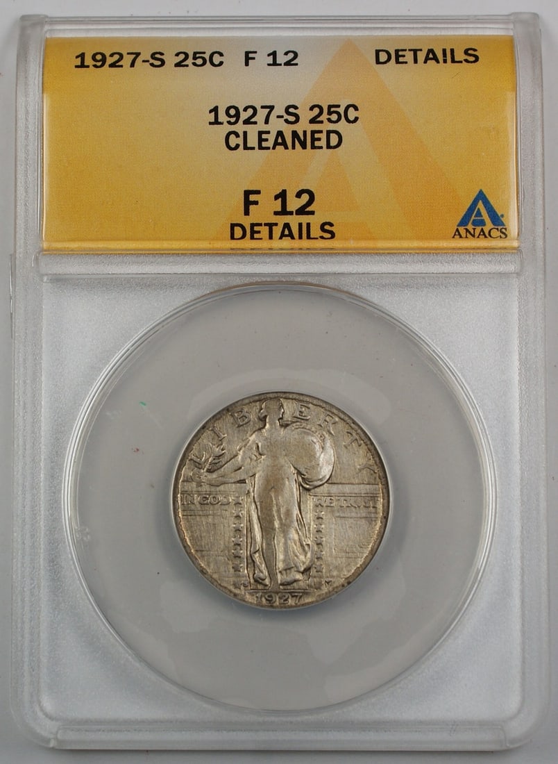 San Francisco Mint 1927 Standing Liberty Quarter ANACS F-12 Details Silver: San Francisco Mint 1927 Standing Liberty Quarter ANACS F-12 Details Silver This 1927-S Standing Liberty Silver Quarter was minted in San Francisco and is composed of silver. Certified by ANACS with a 