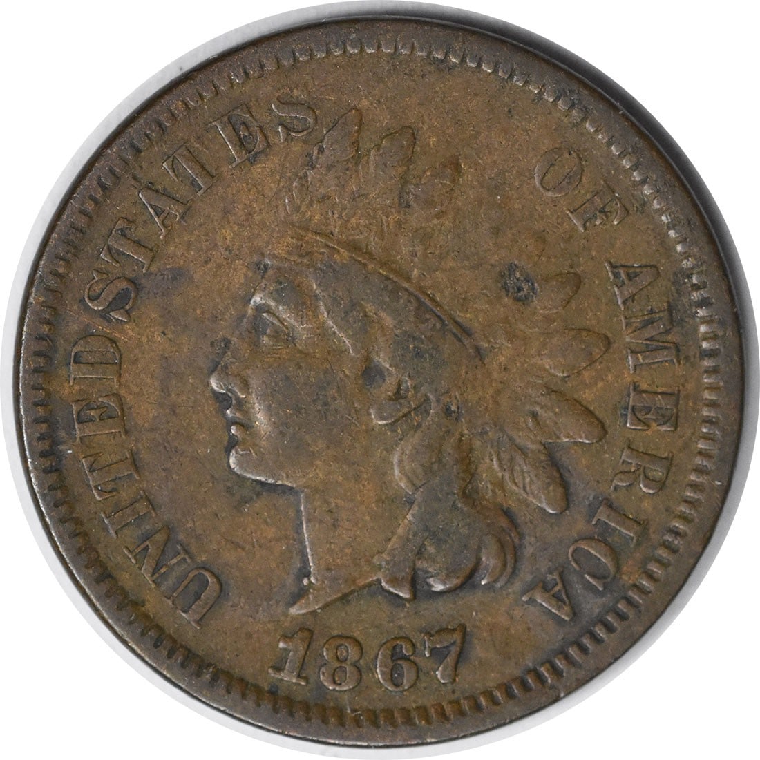 1867 Indian Head Small Cent Copper Fine Uncertified: 1867 Indian Head Small Cent Copper Fine Uncertified This is an 1867 Indian Head Cent, designated FS-302 S-4, in circulated condition. The coin is composed of copper and features the classic Indian Hea