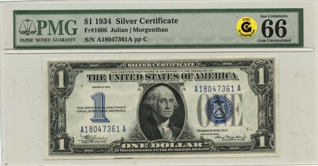 1934 $1 Silver Certificate PMG GEM 66 EPQ: 1934 $1 Silver Certificate PMG GEM 66 EPQ This 1934 $1 Silver Certificate, designated as FR#1606, is certified by PMG with a grade of GEM 66 EPQ. It is in uncirculated condition, showcasing its pristi