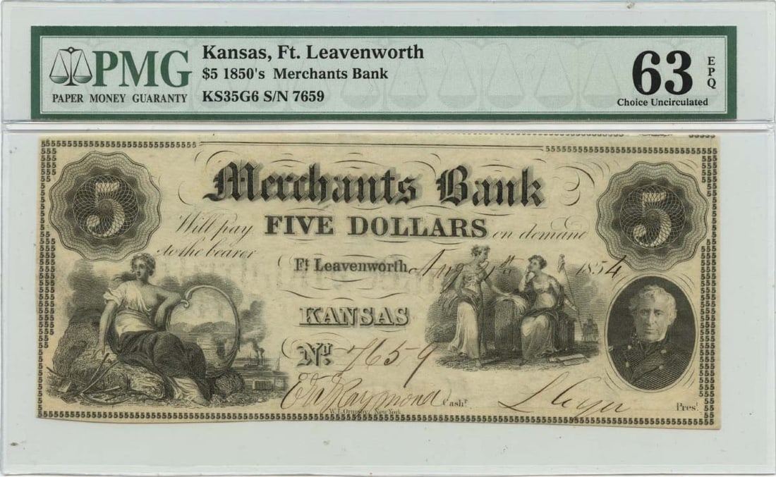 1854 $5 Merchants Bank Obsolete Note PMG MS63 Uncirculated Kansas (1 of 2)