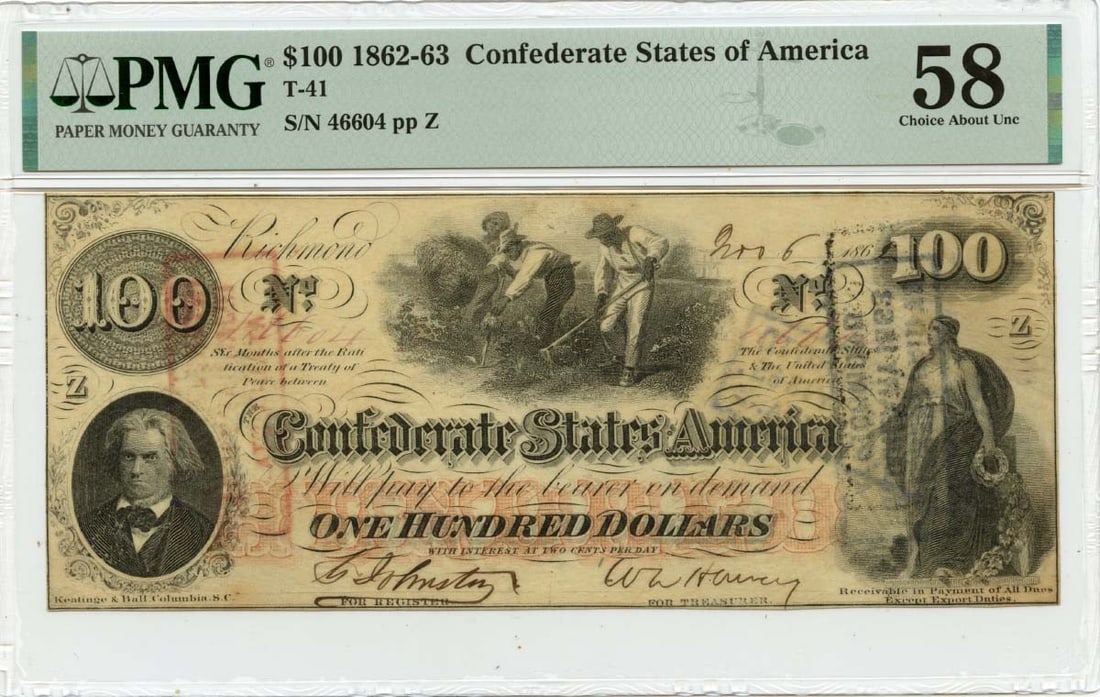 PMG AU58 1862 T-41 Confederate States of America $100 Note: PMG AU58 1862 T-41 Confederate States of America $100 Note 1862 Confederate States of America T-41 $100 note graded PMG AU58. This pre-owned note is a circulated example and includes its PMG certifica