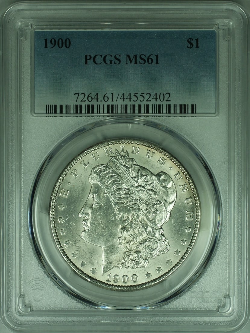 PCGS MS-61 1900 Philadelphia Morgan Dollar Silver Coin: PCGS MS-61 1900 Philadelphia Morgan Dollar Silver Coin This 1900 Morgan Silver Dollar coin is certified by PCGS with a grade of MS-61. Struck at the Philadelphia Mint, it features a denomination of $1